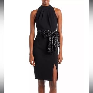 NWT Eliza J Black Sequin Belt Halter Sheath Dress, size 2